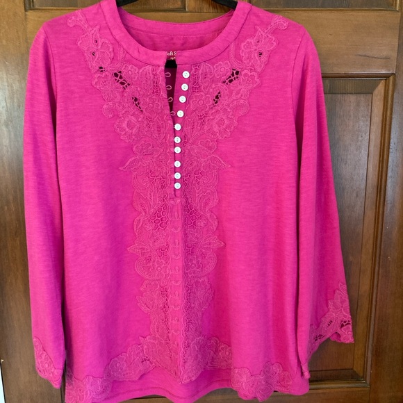 Soft Surroundings Tops - Women’s Pink Lace-Trim Henley Top